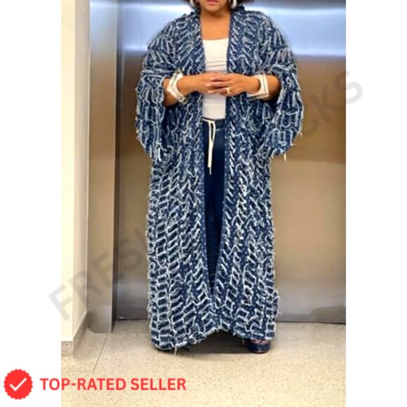 Oversized Ripped Denim Long Cardigan Distressed Hollow Open Front Duster - Picture 6 of 7